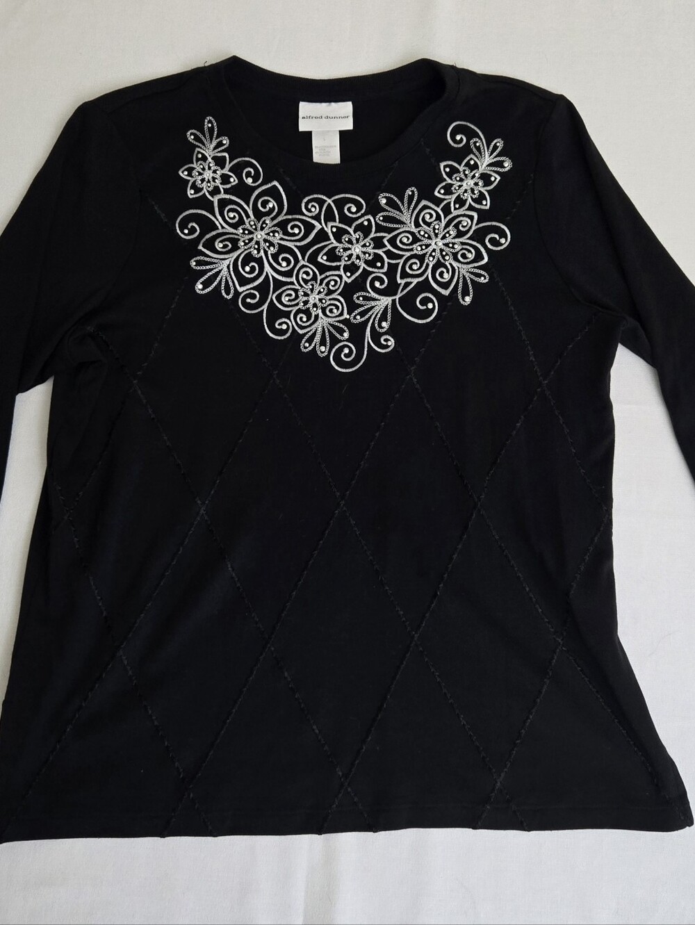 Alfred Dunner Women's Black Floral Embroidered Studded Top 3/4 Sleeve Size Large